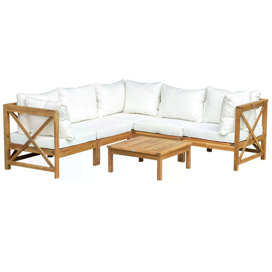 Outsunny 6 PCS Elegant Wood Frame Outdoor Patio Dining Set w/ Cushions Coffee Table Garden Furniture Sofa Comfort Balcony Patio Cream White