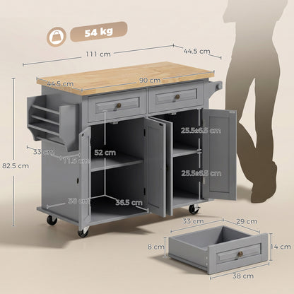 HOMCOM Kitchen Island on Wheels, Rolling Kitchen Trolley with Rubberwood Top, 2 Drawers, Adjustable Shelves, Grey