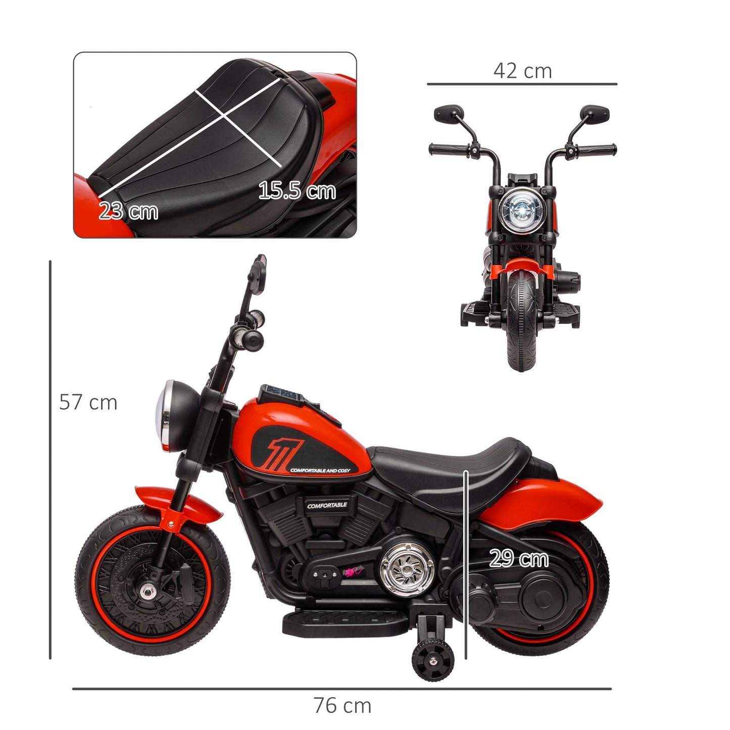 6v Electric Motorbike with Training Wheels, One-Button Start - Red