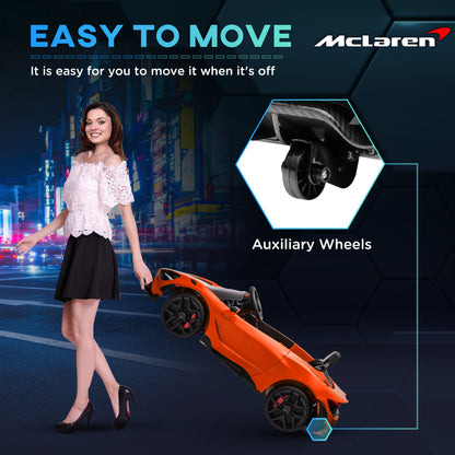 سيارة كهربائية للأطفال مرخصة من AIYAPLAY McLaren 765LT بقوة 12 فولت مع أبواب على شكل فراشة وعجلات نقل تعمل بالتحكم عن بعد باللون البرتقالي