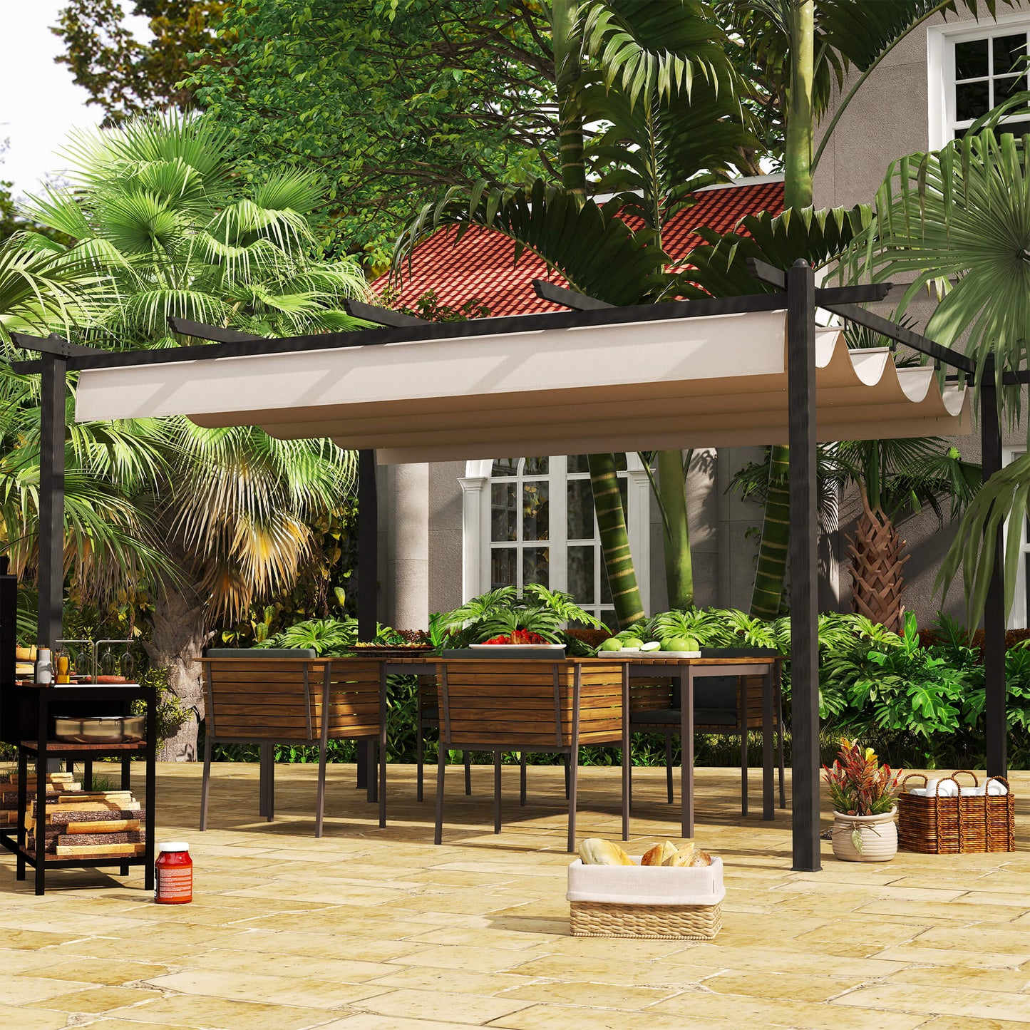 Outsunny 4 x 3(m) Aluminium Pergola with Retractable Roof, Garden Gazebo Canopy Shelter for Outdoor, Patio, Cream White
