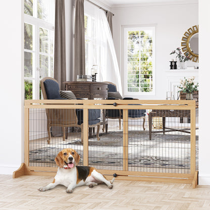 PawHut Freestanding Dog Gate, Foldable Pet Fence, Indoor Wood Barrier, Stair Gate with Support Feet, for Doorway, Hallway, Small and Medium Dogs, 69H x 104-183 cm, Natural Wood Finish