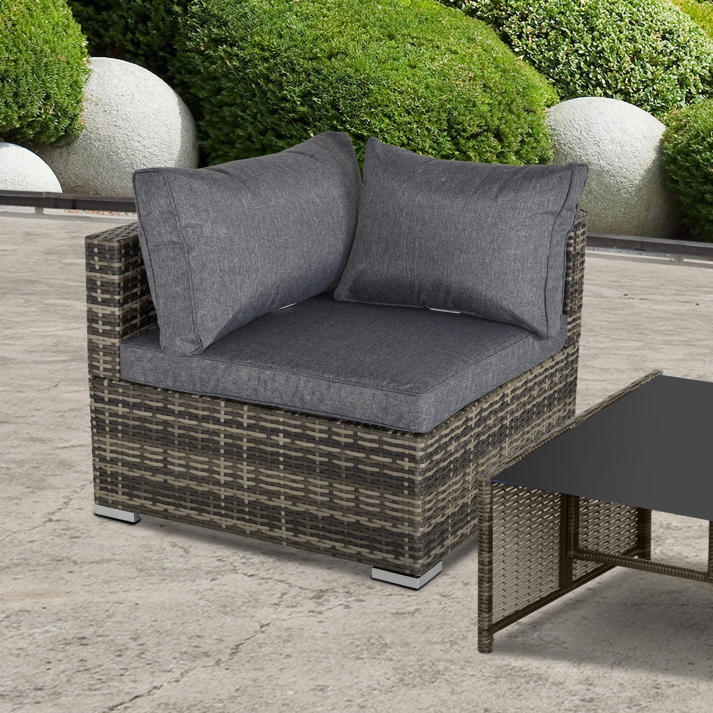 Outsunny Outdoor PE Rattan Corner Sofa, Garden Wicker Furniture Single Sofa Chair w/ Cushions, Deep Grey