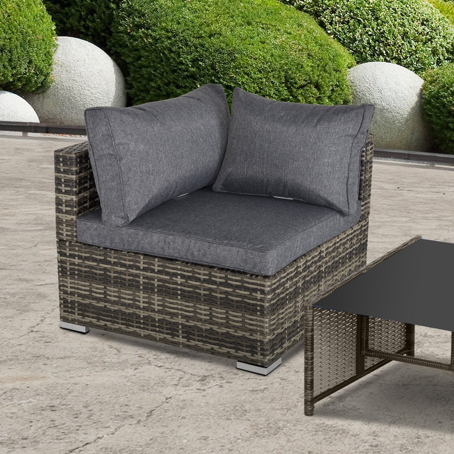 Outsunny PE Rattan Wicker Corner Sofa Garden Furniture كرسي أريكة فردي مع وسائد، رمادي غامق