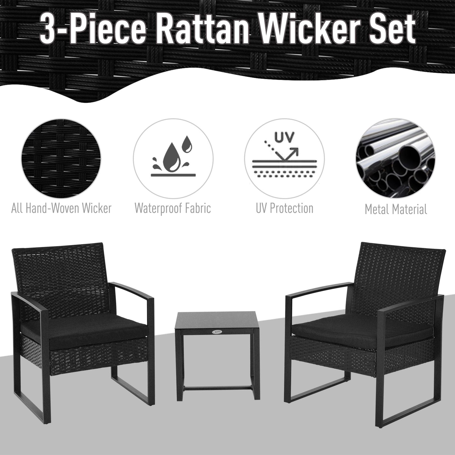 Outsunny Rattan Garden Furniture 2 Seater PE Rattan Wicker Patio Bistro Set Weave Conservatory Sofa Coffee Table and Chairs Set Black