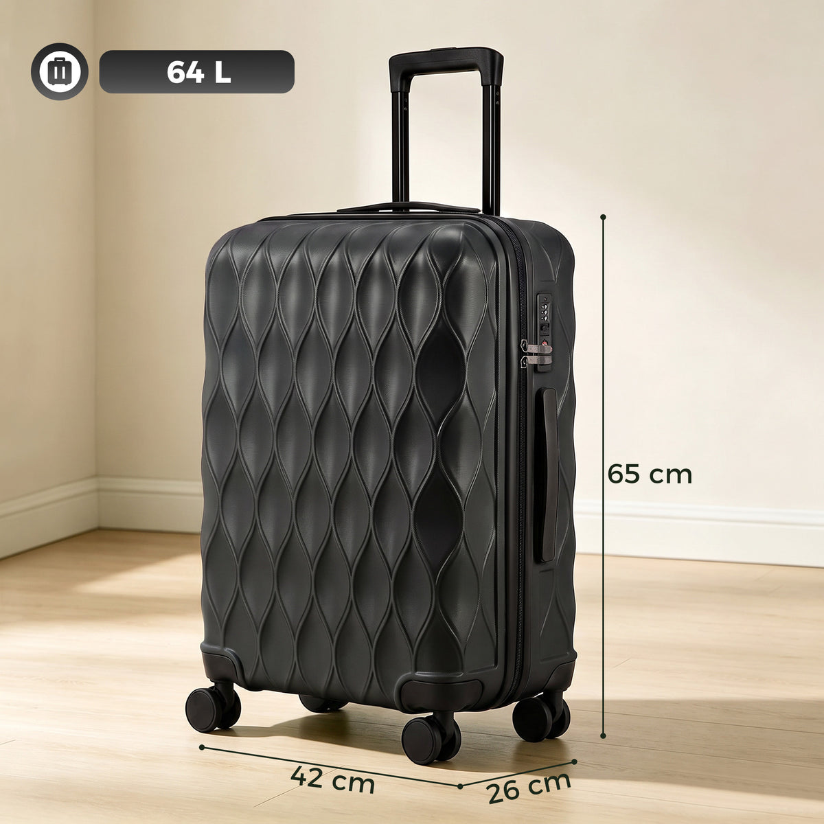 HOMCOM 26Inch 65cm Suitcase, ABS Hard Shell Checked Luggage with TSA Lock, Spinner Wheels, Telescopic Handle, Black