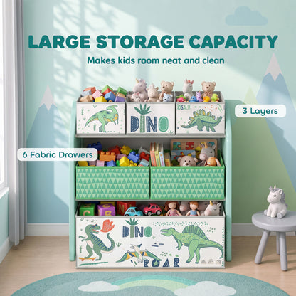 AIYAPLAY Toy Storage Organiser, 3-Tier Wooden Kids Toy Storage Rack with 6 Fabric Storage Bins for Bedroom, Kids Room, Green