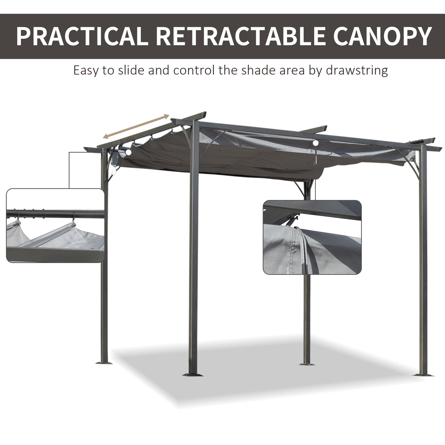 Metalowa pergola Outsunny 3 x 3(m) z rozsuwanym dachem, zadaszenie altanki ogrodowej z metalu. Zewnętrzna osłona przeciwsłoneczna na imprezę grillową, szara.