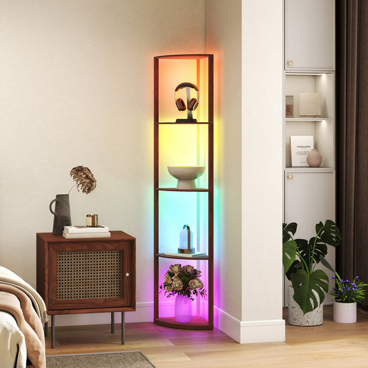 HOMCOM RGB LED Floor Lamp with Shelves, 5-Tier Dimmable Standing Lamp with Adjustable Brightness and Remote Control, Modern Corner Display Shelf Unit for Living Room Bedroom Office, Brown