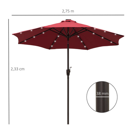 Outsunny Φ2.7m Garden 24 LED Light Parasol Solar Outdoor Tilt Sun Umbrella Patio Club Party Event Manual Sun Shade w / Hand Crank and 8 Ribs Red