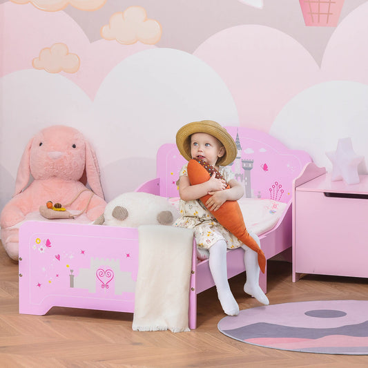 Łóżko dziecięce HOMCOM Princess Castle Theme z bocznymi listwami Meble domowe dla dzieci w wieku od 3 do 6 lat, różowe, 143 x 73 x 60 cm