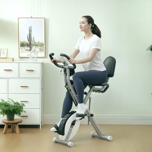 SPORTNOW 5-In-1 Folding Exercise Bike with Arm Workout Bands, Quiet 8-Level Magnetic Resistance Foldable Exercise Bike with LCD, Tablet Holder, Hand Pulse Sensor for Home Use Indoor Cycling, White