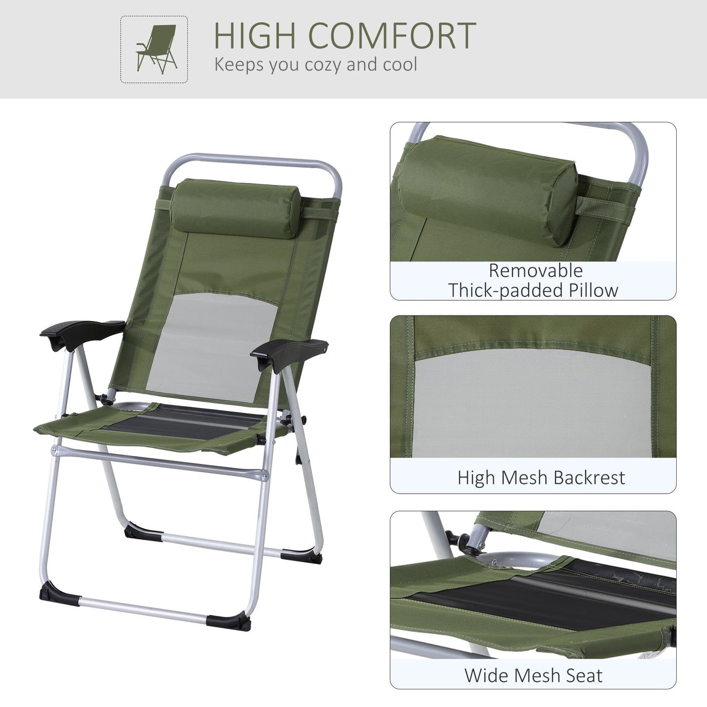 Outsunny Folding Camping Chair, Patio Armchair, 3-Position Adjustable Recliner Reclining Seat with Pillow for Outdoor Garden - Green