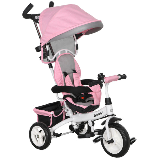 HOMCOM 6 in 1 Kids Trike Push Bike w/ Push Handle, Canopy, 5-point Seat Belt, Storage, Footrest, Brake, for 1-5 Years, Pink