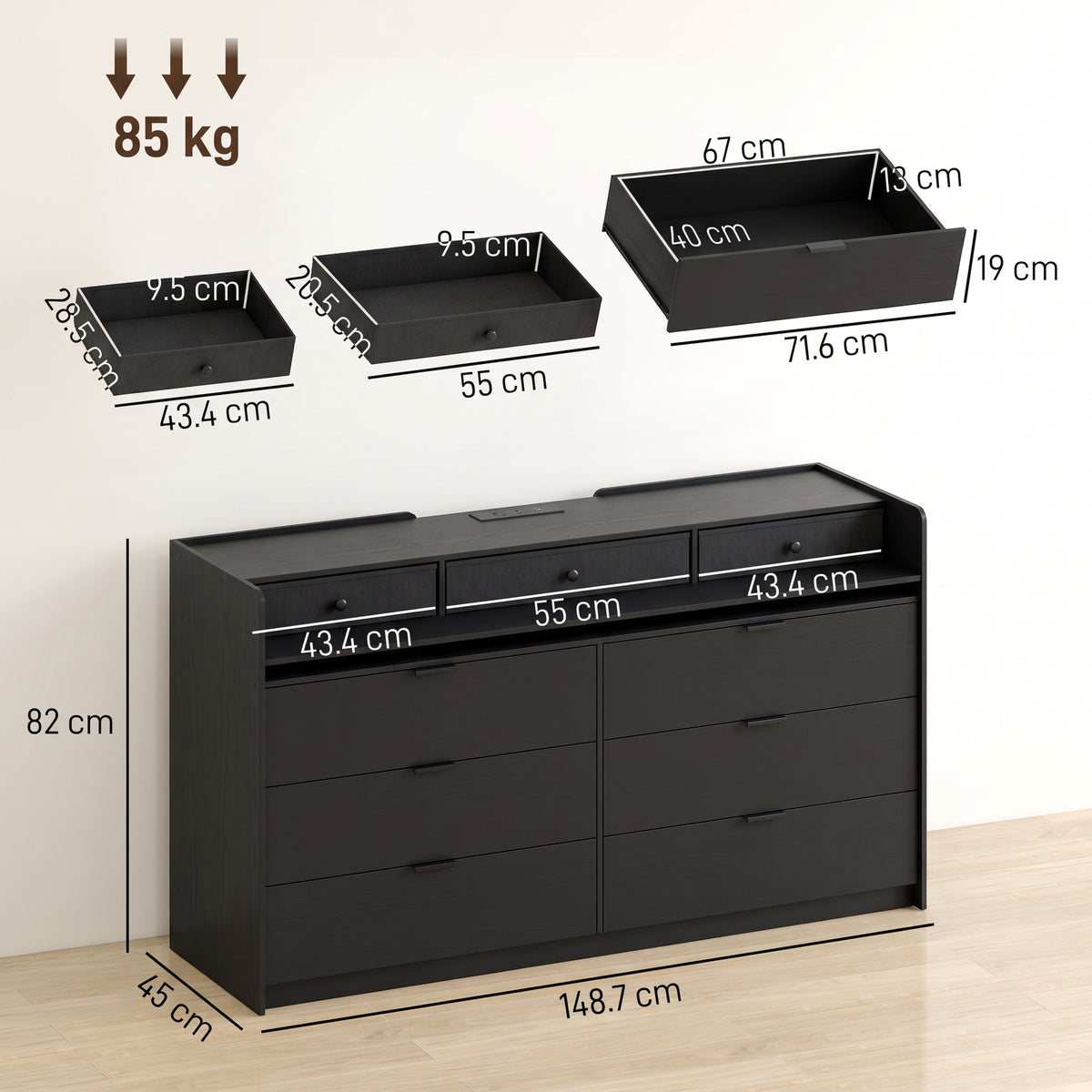 HOMCOM Chest of Drawers for Bedroom with LED Light & Charging Station, 9 Drawers Storage Unit/TV Stand, Black