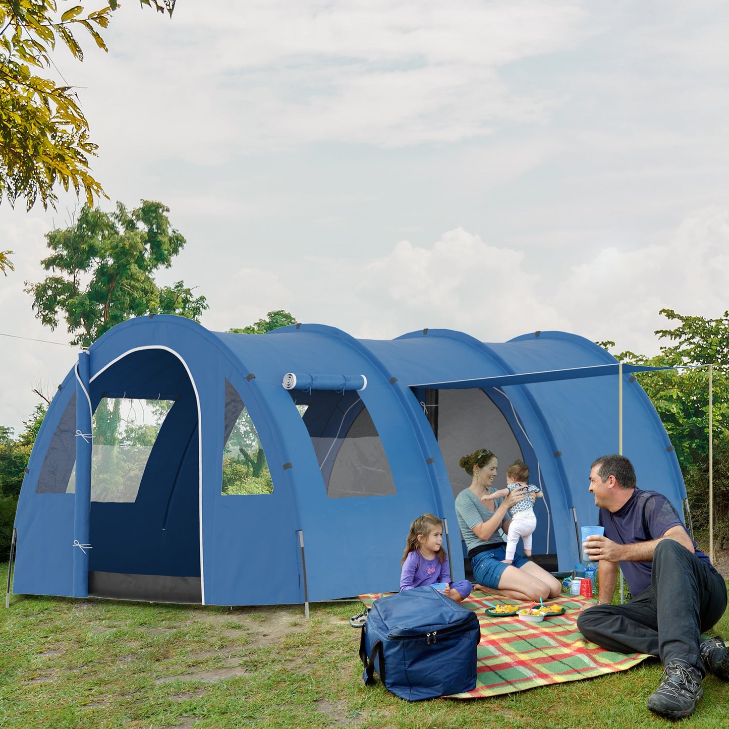 Outsunny 5-6 Man Camping Tent with 2 Room, Floor and Carry Bag - Blue