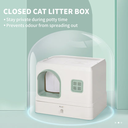 PawHut Cat Litter Box, Hooded Cat Litter Tray, with Drawer Pan, Scoop, Deodorants