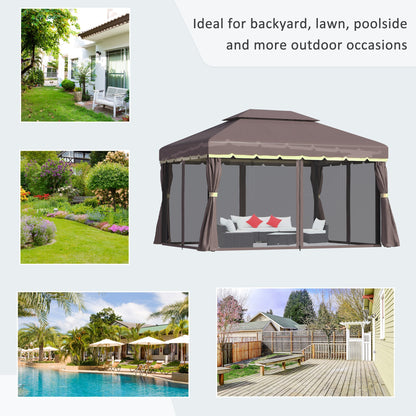 Outsunny 3 x 4m Aluminium Garden Gazebo, Marquee Canopy Shelter Pavilion Party Tent with Nets and Curtains for Garden, Lawn, Backyard and Deck, Coffee