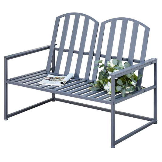 كرسي Outsunny Garden Bench Loveseat بمقعدين للحديقة الخارجية، ساحة، إطار فولاذي، تصميم شرائحي زخرفي، رمادي