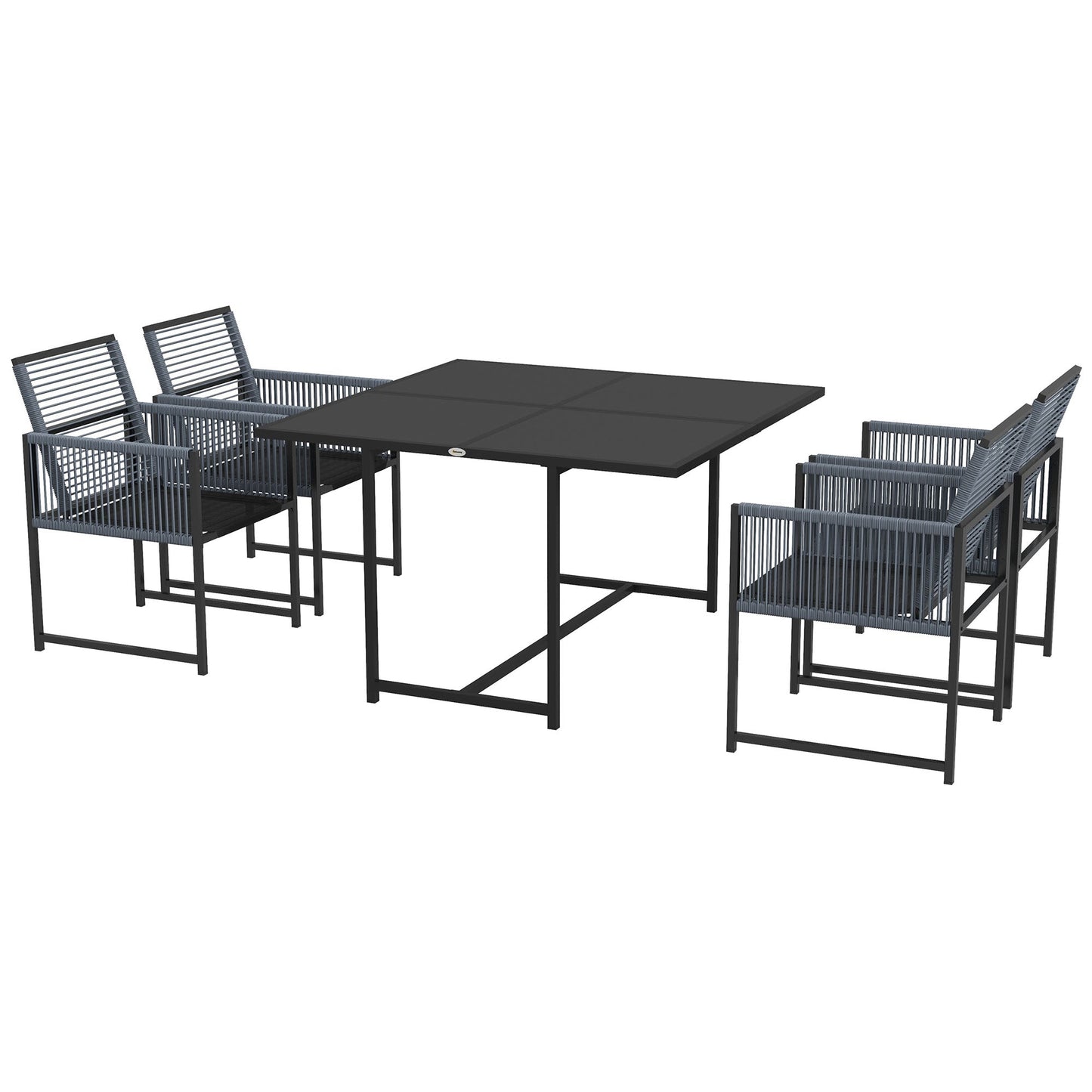 5 Piece Garden Patio Dining Set, Outdoor 4 Seater Table And Chairs With Foldable Backrest, Tempered Glass Top, Handwoven Rope - Dark Grey