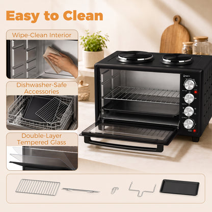 HOMCOM 46L Mini Oven with Dual Hot Plates, Electric Countertop Cooker with Convection, 90-230°C Adjustable Temperature