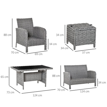 Outsunny 6 Pieces Rattan Garden Furniture Set, 6 Seater Garden Sofa Set with Glass Top Dining Table, Loveseat, 2 Armchairs and Ottomans, Wicker Outdoor Conservatory Furniture for Patio, Grey