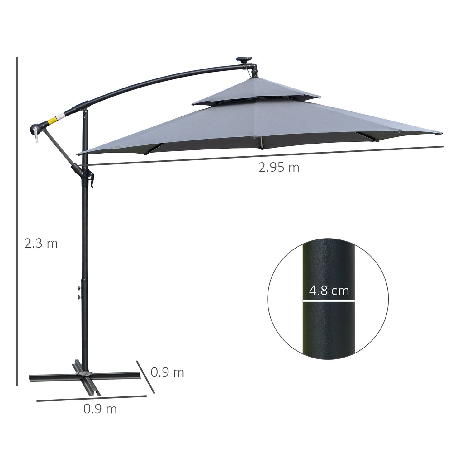 Outsunny 3m LED Light Overhanging Parasol - Szary