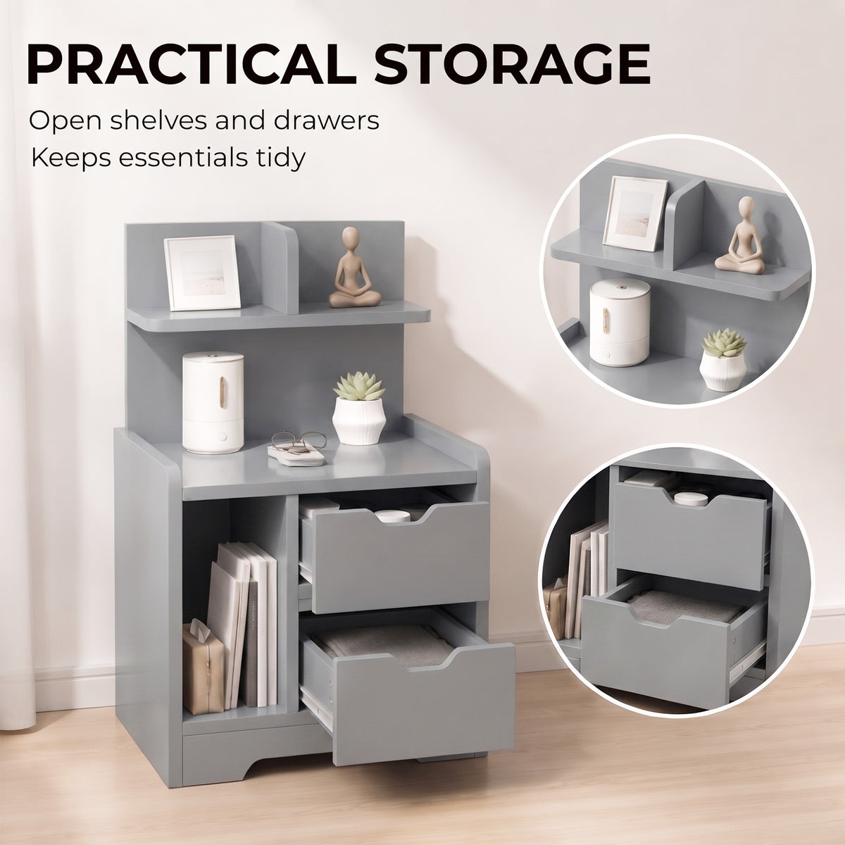 HOMCOM Bedside Table, Small Bedside Cabinet with 2 Drawers and Storage Shelves, Modern Nightstand for Bedroom, Grey