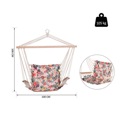 Outsunny Garden Outdoor Hanging Hammock Chair Thick Rope Frame Wooden Arms Safe Wide Seat Garden Outdoor Spot Stylish Multicoloured floral