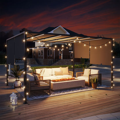Outsunny 3(m) x 4m Metal Pergola with LED Lights, Outdoor Garden Pergola with Sliding Roof, Solar Powered, for BBQ,√Ç Lawn, Dark Grey