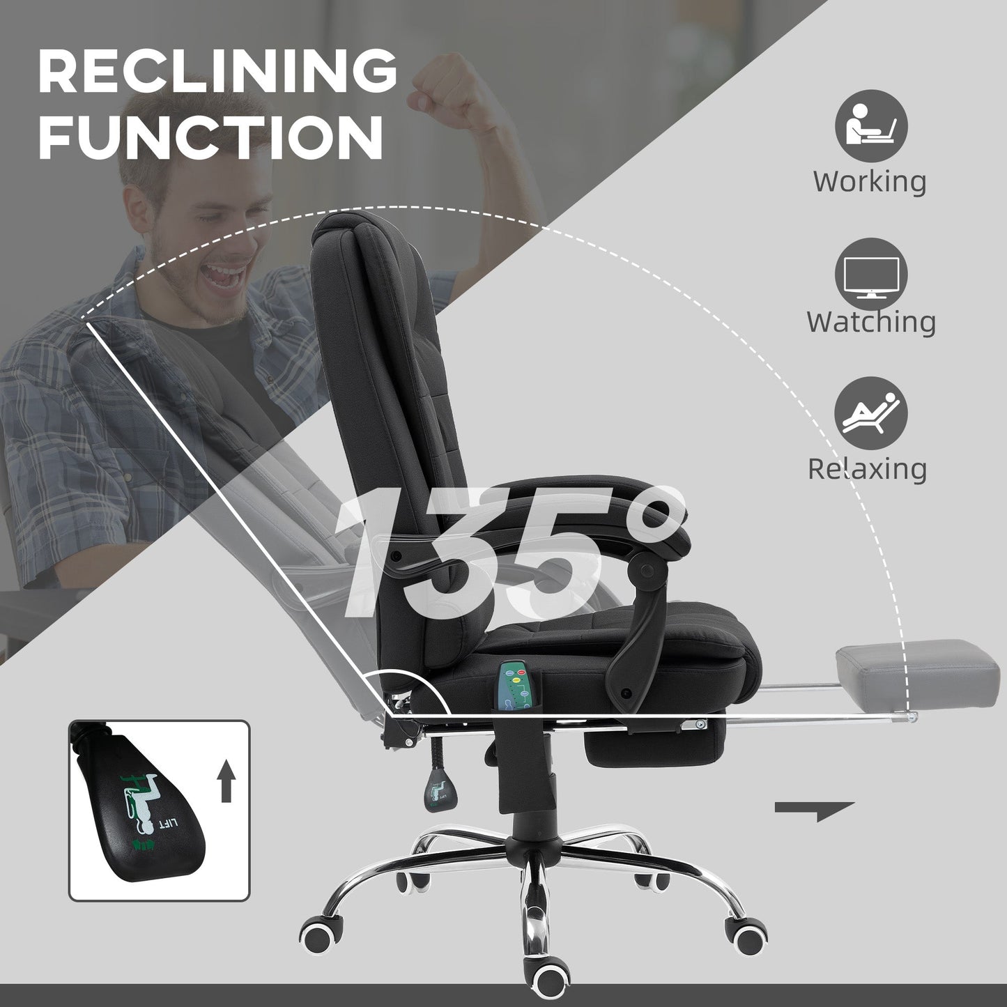 Vinsetto Office Chair with 6 Point Massage and Back Heat, Microfibre Desk Chair with Footrest Adjustable Height and Swivel Wheels, Back Reclining, Full Black