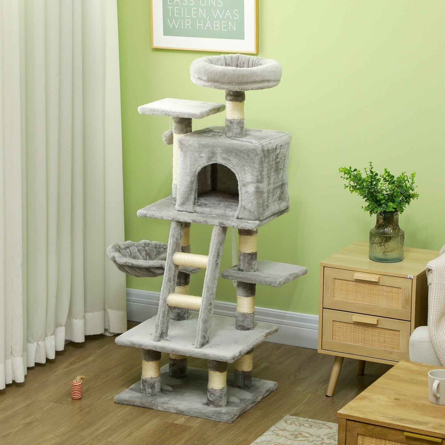 PawHut Plush Cat Tree, 125cm Cat Scratching Post for Indoor Large Cats with Hammock and Condo Activity Center Grey