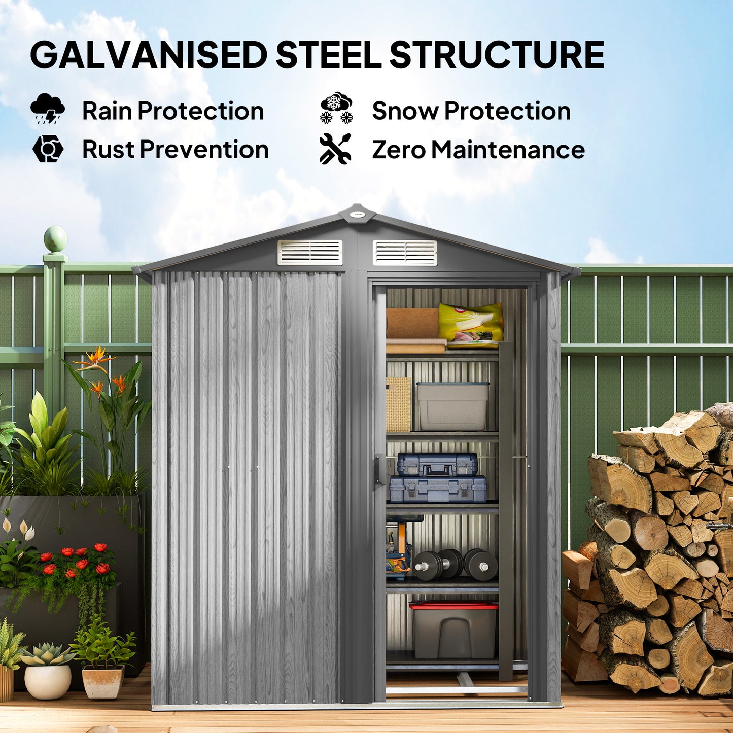 Outsunny 4.3 x 5ft Outdoor Garden Storage Shed - Szary efekt drewna