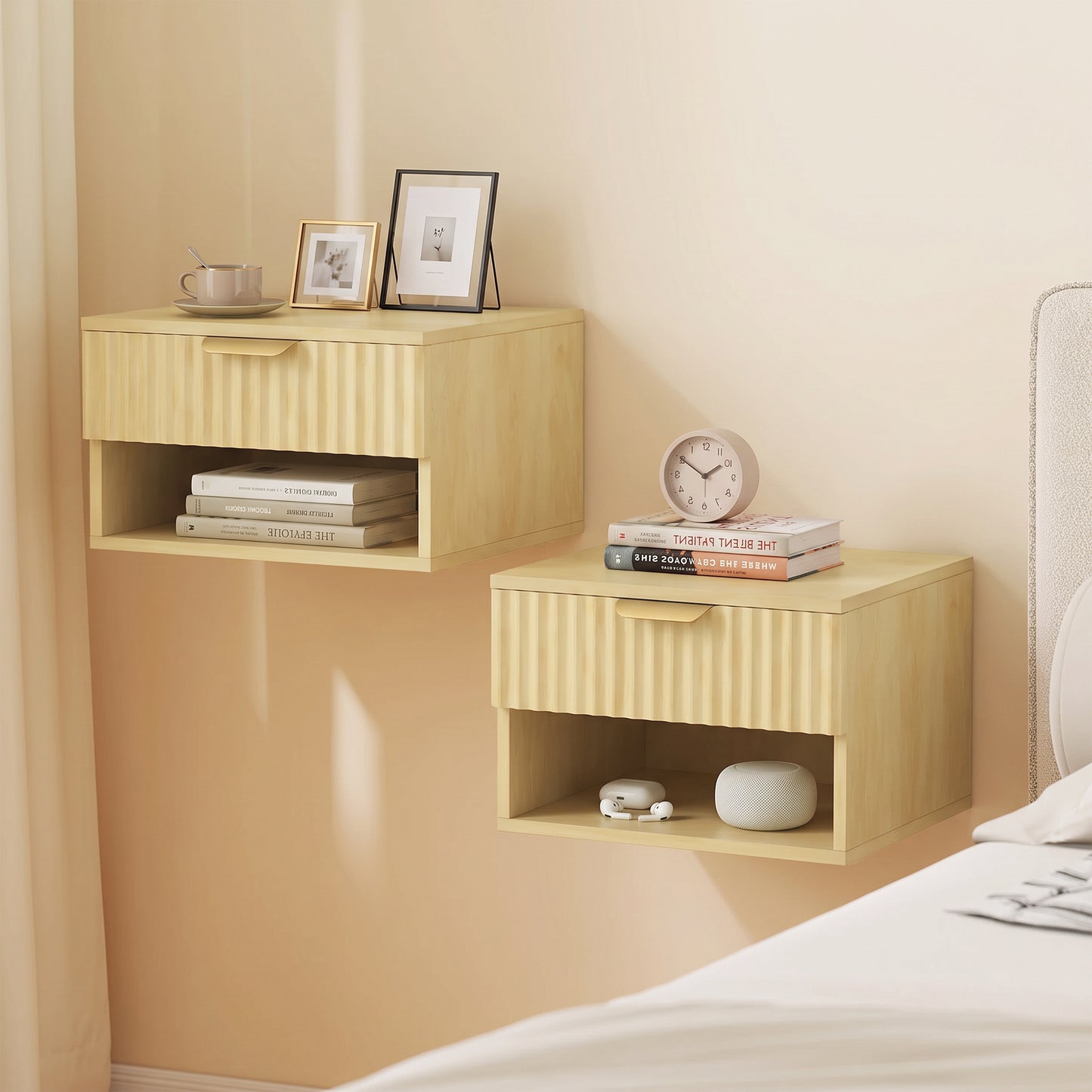 HOMCOM Floating Nightstands Set of 2, Modern Wall-Mounted Bedside Tables with Fluted Drawer and Open Shelf for Bedroom, Oak