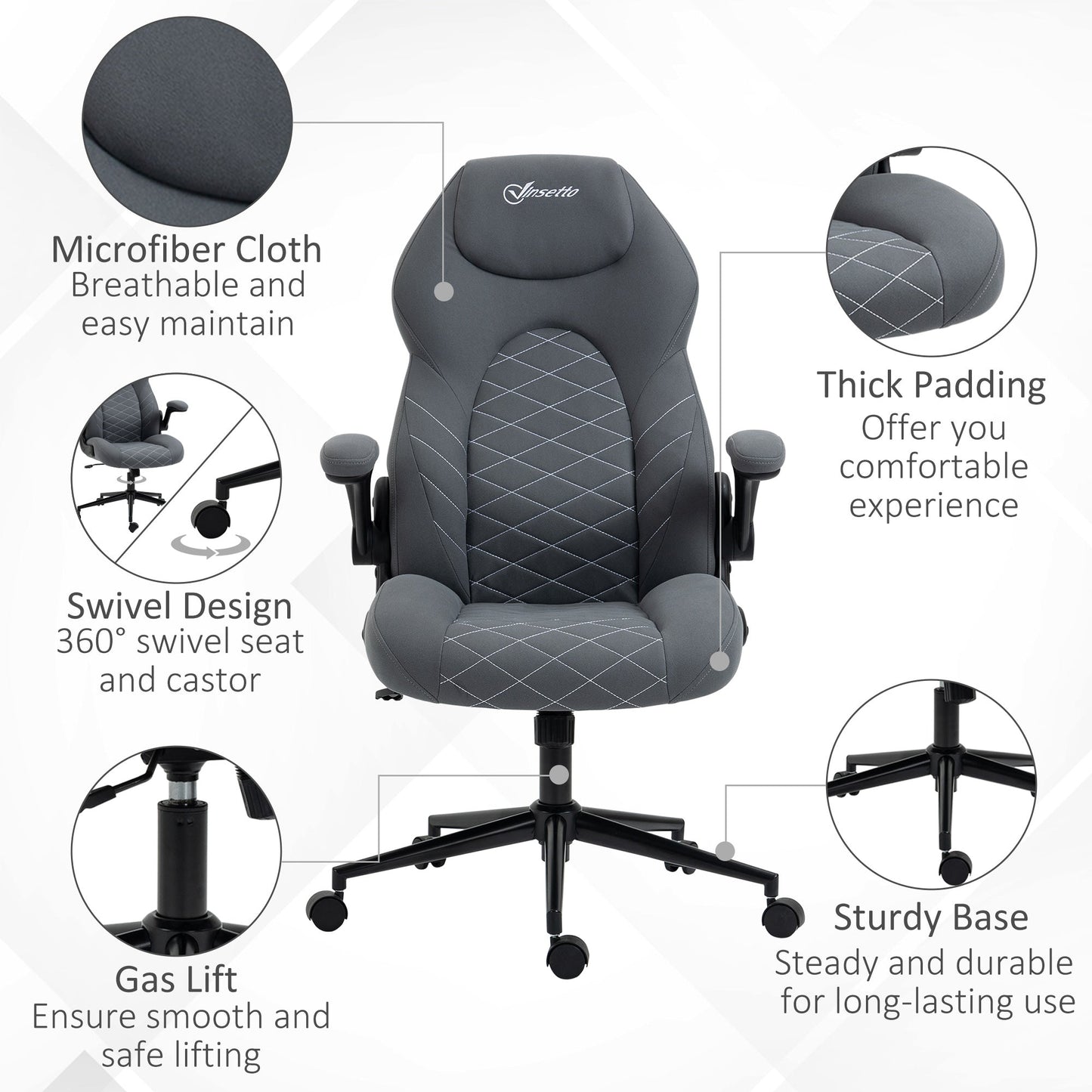 Vinsetto Home Office Desk Chair, Computer Chair with Flip Up Armrests, Swivel Seat and Tilt Function, Dark Grey