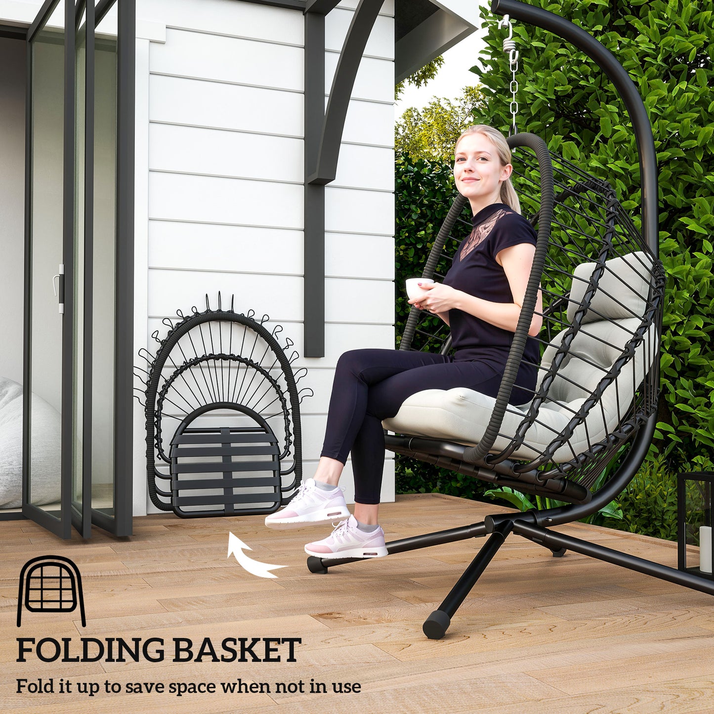 Outsunny Outdoor PE Rattan Swing Chair with Cushion, Garden Foldable Basket Patio Hanging Egg Chair with Metal Stand, Headrest, for Indoor and Outdoor, Black