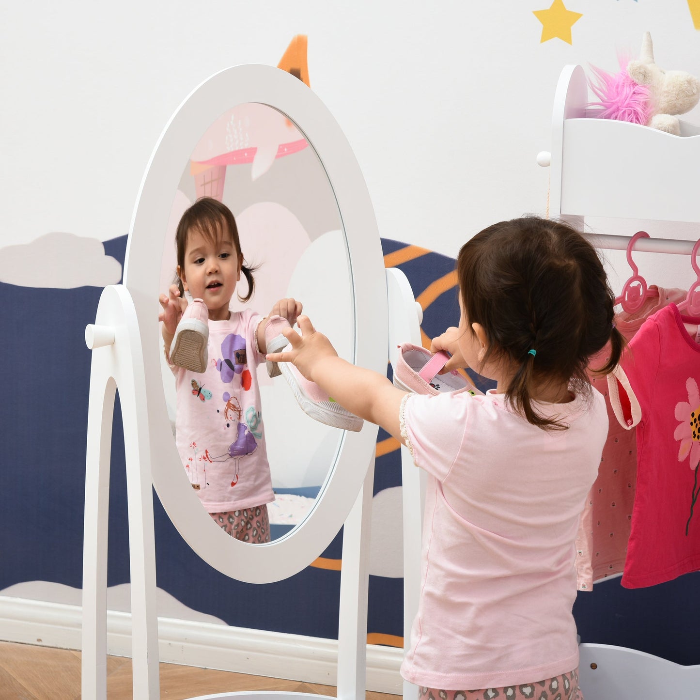 HOMCOM Free Standing Full Length Mirror, Child's Dressing Mirror with storage shelf, Children's White Bedroom Furniture 360¡ Rotation MDF, For 3- 8 Years Old, 40L x 30W x 104H cm
