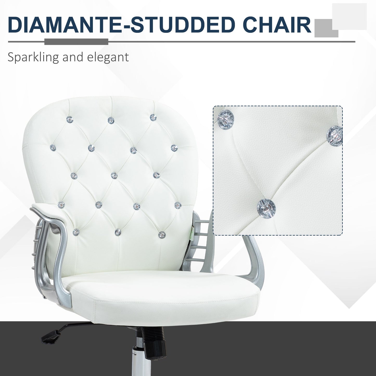 Vinsetto Office Chair Ergonomic 360¡ Swivel PU Diamante Padded Base 5 Castor Wheels for Home Work White