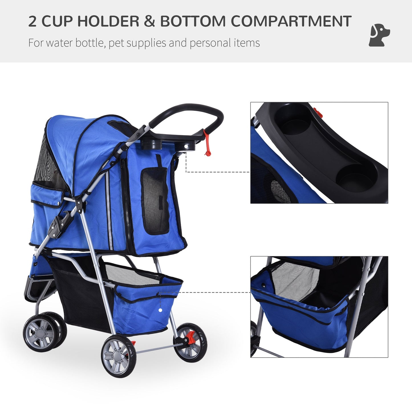 PawHut Dog Pram Pet Travel Stroller Dog Pushchair مع ثلاث عجلات - أزرق