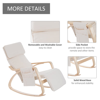 Rocking Lounge Chair Recliner Relaxation Lounging Relaxing Seat with Adjustable Footrest, Side Pocket and Pillow, Cream White