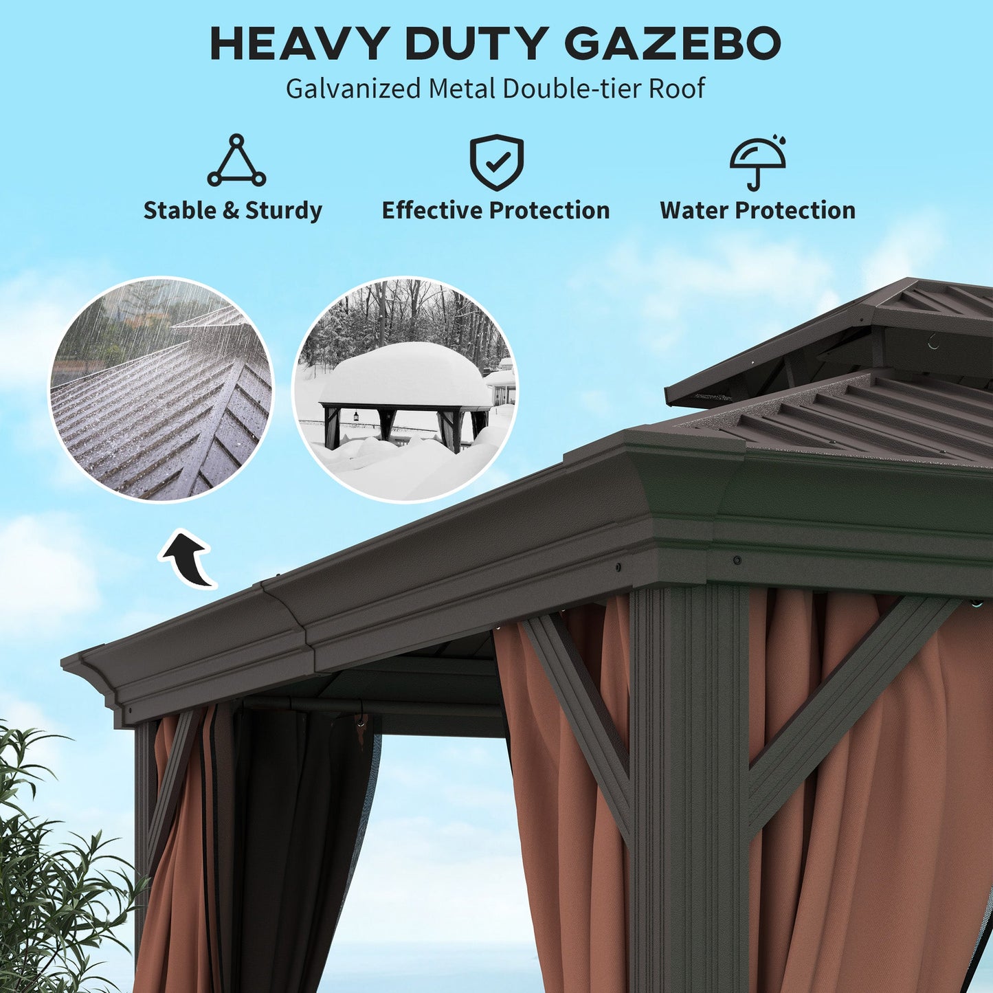 Outsunny 3 x 3,7 m Zewnętrzna altanka Hardtop z aluminiową ramą i dwupoziomowym dachem oraz ścianami bocznymi z siatki na patio, ciemnobrązowa