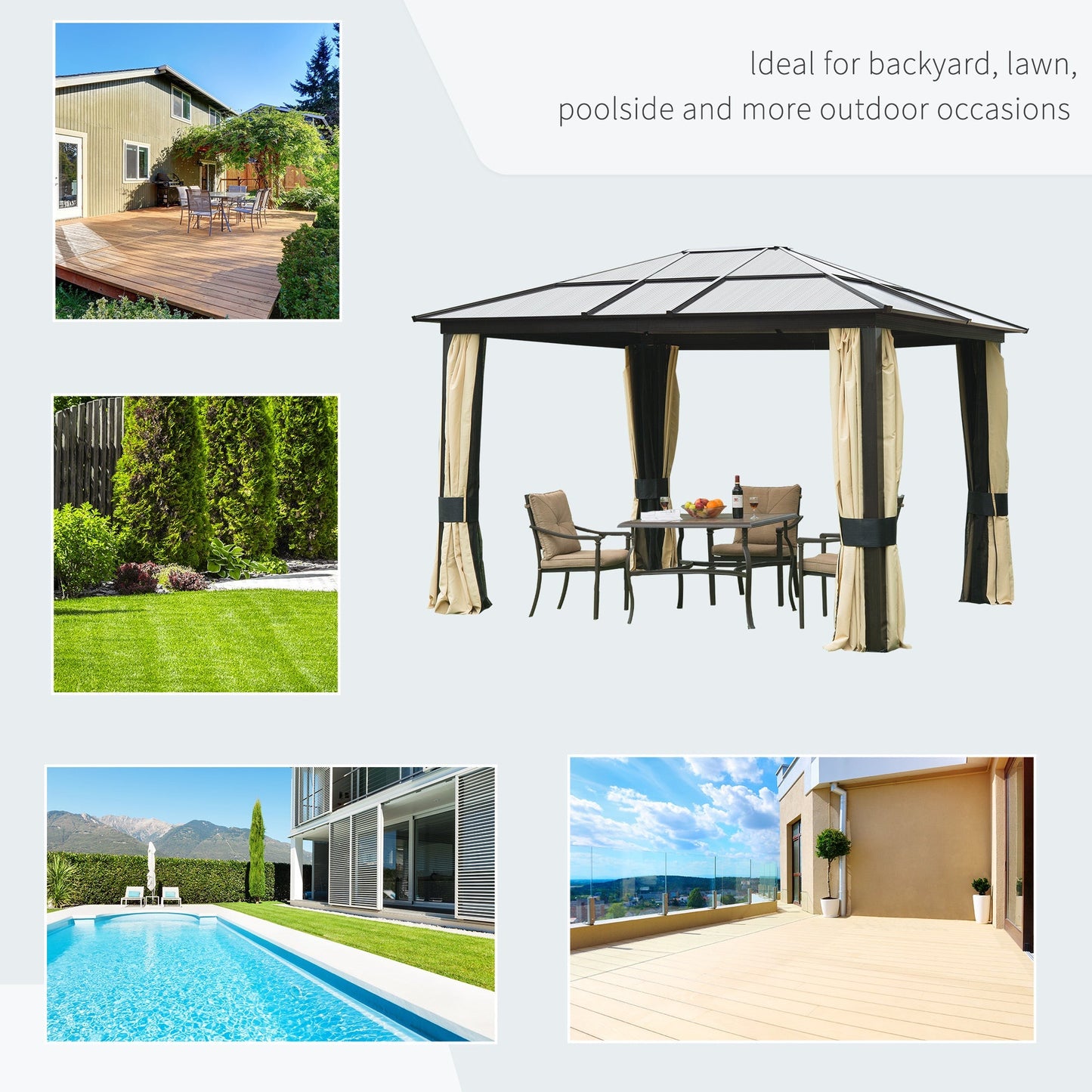 3.6 x 3(m) Hardtop Gazebo Canopy with Polycarbonate Roof and Aluminium Frame, Garden Pavilion with Mosquito Netting and Curtains, Brown