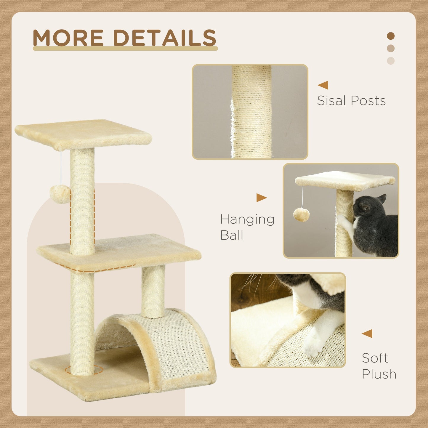 PawHut 72cm Cat Tree with Scratching Post, Pad for Indoor Cats - Cream White