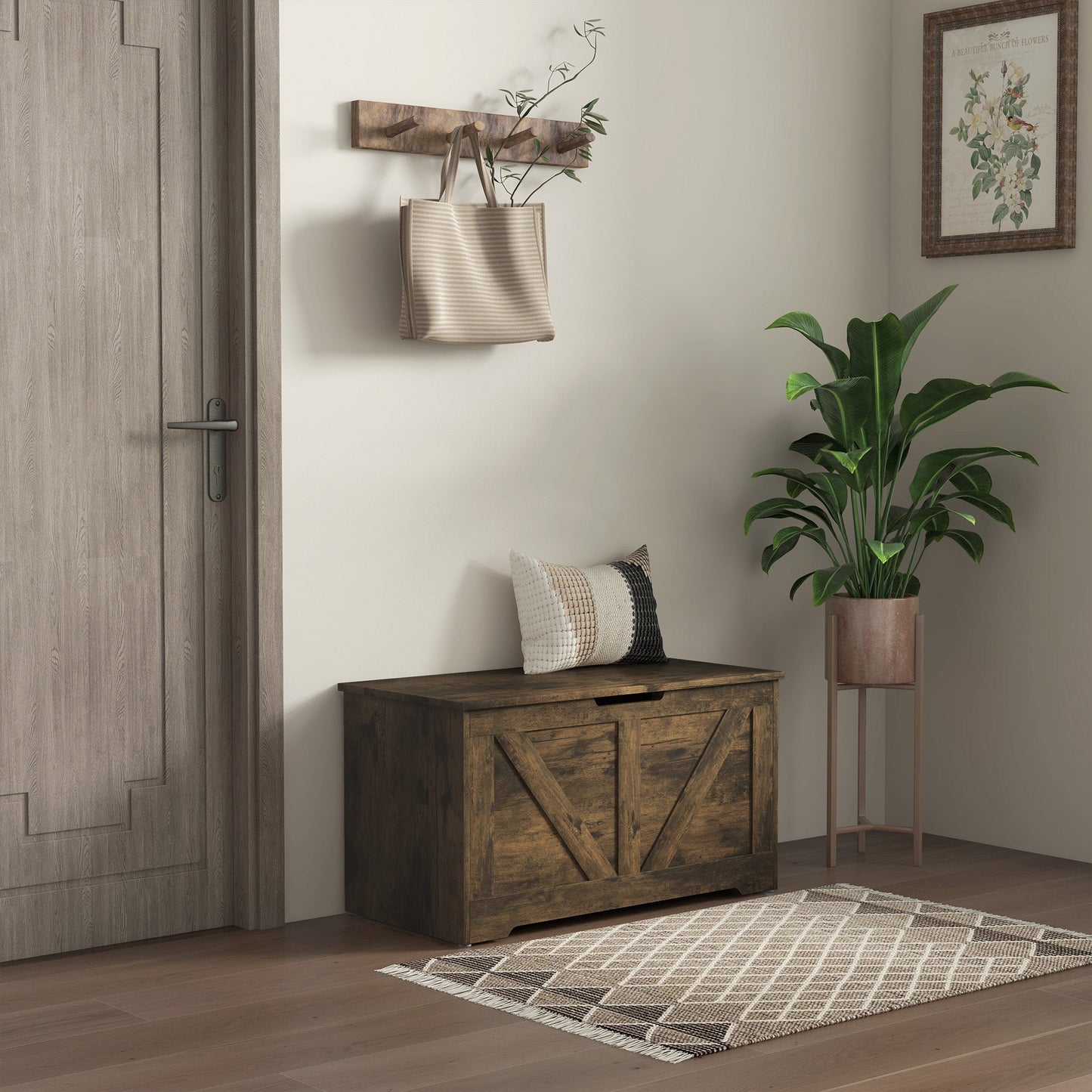 HOMCOM 100L Home Storage Box, with Safety Hinges - Rustic Brown
