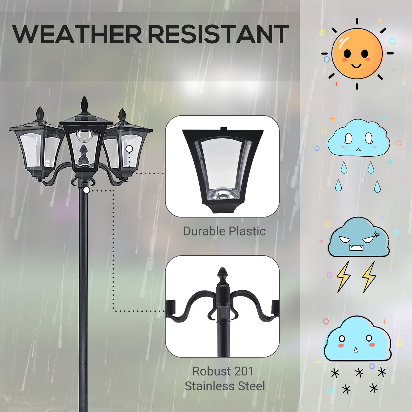 Outsunny 1.8m Traditional Victorian Style 3 Way Head Outdoor Garden Solar Post Lamp Sensor Dimmable LED Lantern Bollard Pathway IP44 √¢‚Ç¨‚Äú Black