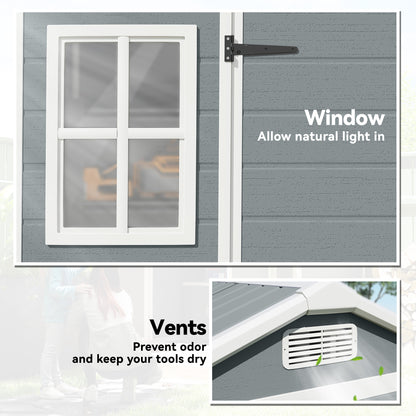 Outsunny 8 x 4 ft Plastic Garden Shed, Wood-Effect Outdoor Storage Shed with Floor, Windows, Lockable Doors and Vents, Light Grey