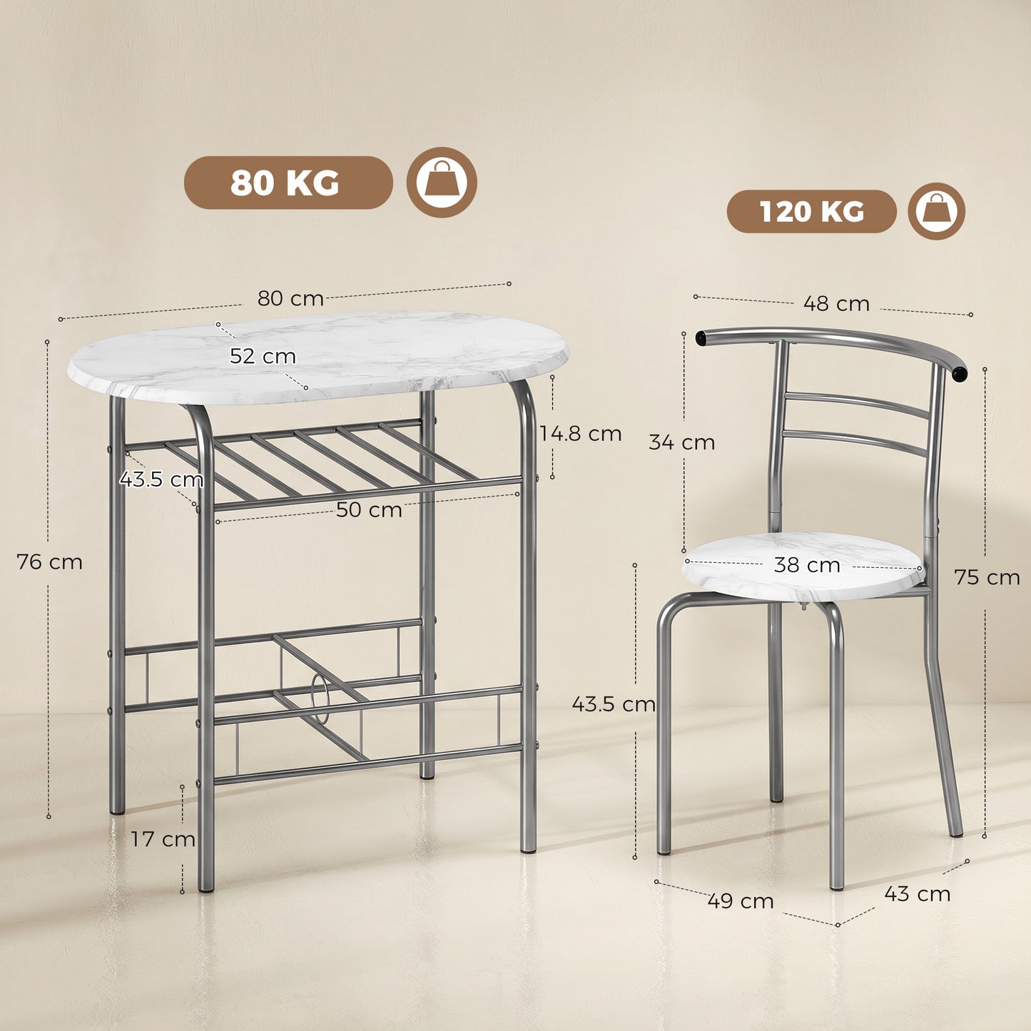 HOMCOM Three-Piece Compact Dining Set - White Marble Effect