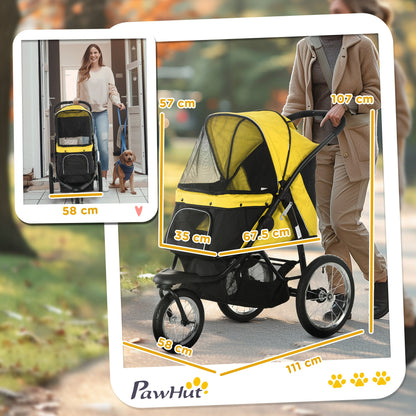 PawHut Foldable Pet Stroller Jogger, with Three Wheels, Canopy, for Medium and Small Dogs, Yellow