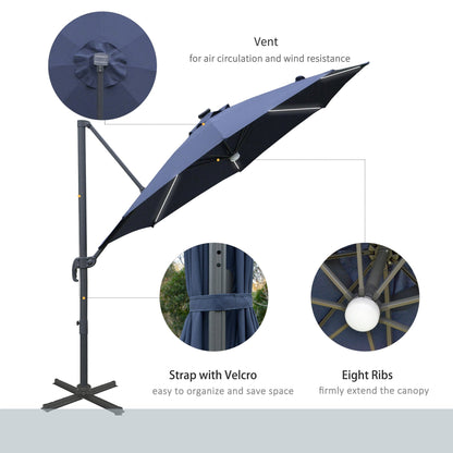 Outsunny 3(m) Cantilever Roma Parasol Garden Sun Umbrella فناء خارجي مع قاعدة متقاطعة من ضوء الشمس LED تدور 360 درجة، أزرق