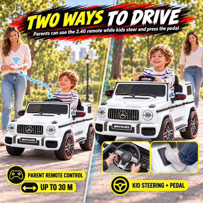 AIYAPLAY Licensed Mercedes-AMG G63 12V Kids Ride on Car with Remote Dual Motors Rear Suspension Slow Start for 3-6 Years, White